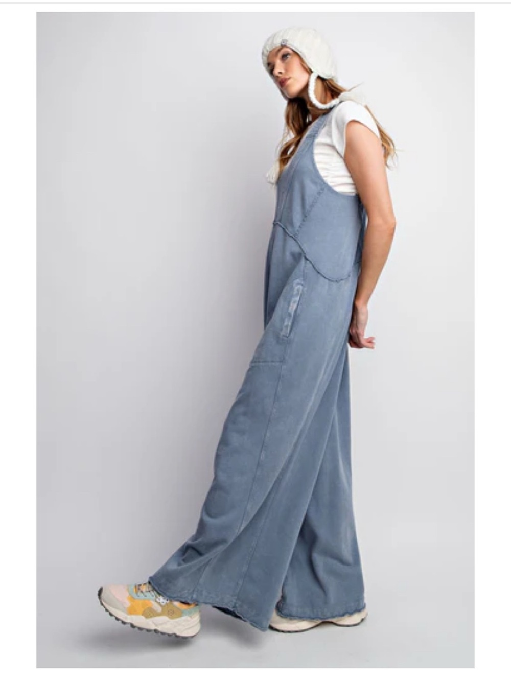 Easel Mineral Washed Terry Knit Jumpsuit in Denim NWT SIZE M - Picture 2 of 10